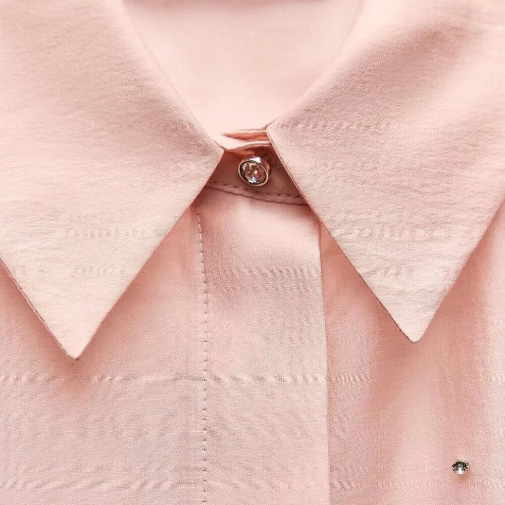 ZARA ZW Collection sz S New Embroidered Shirt Jewels Rhinestones Pastel Pink - Picture 5 of 15